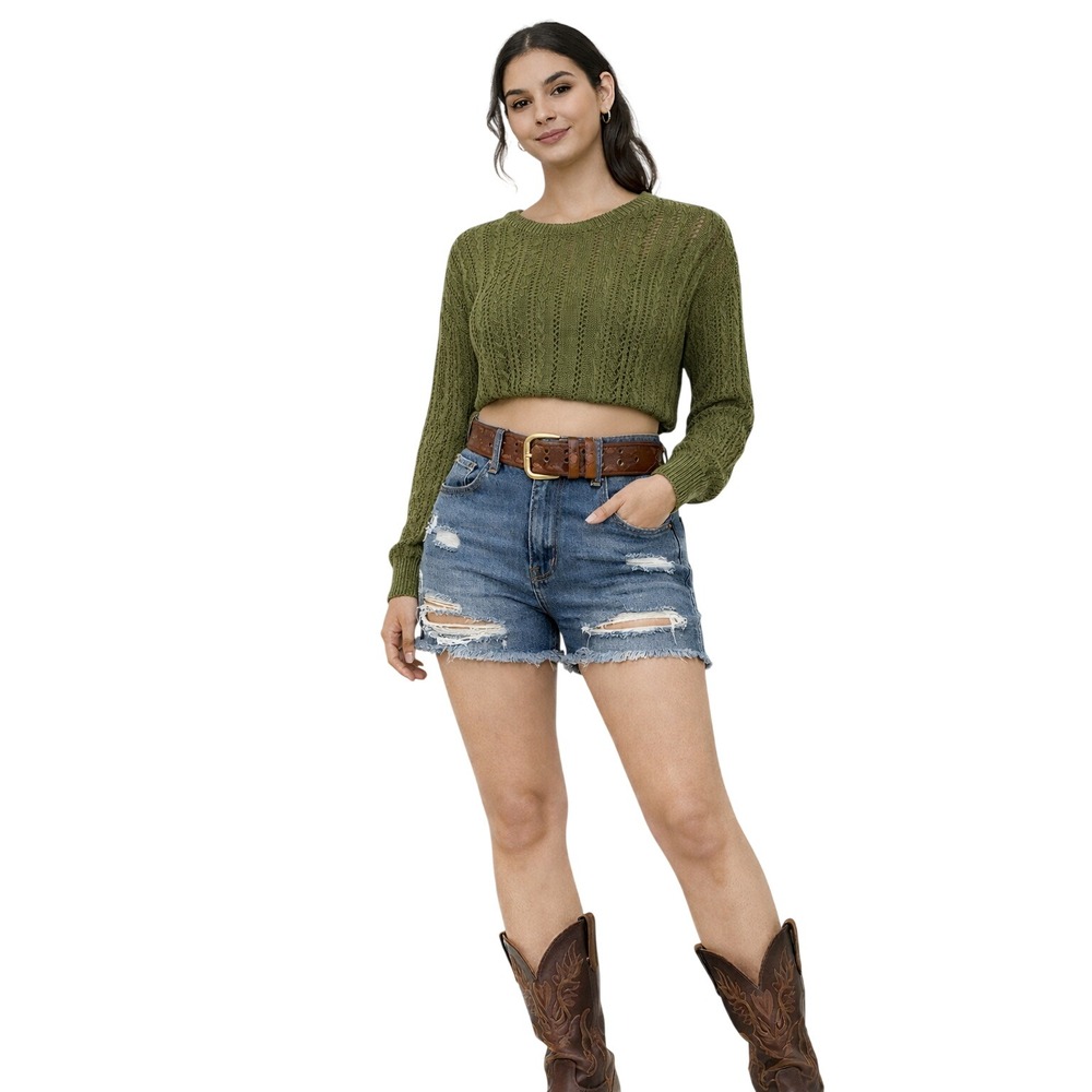 Olive Green‎ Pointelle Knit Cropped Sweater Long Sleeve Crew Neck Boho Top XS